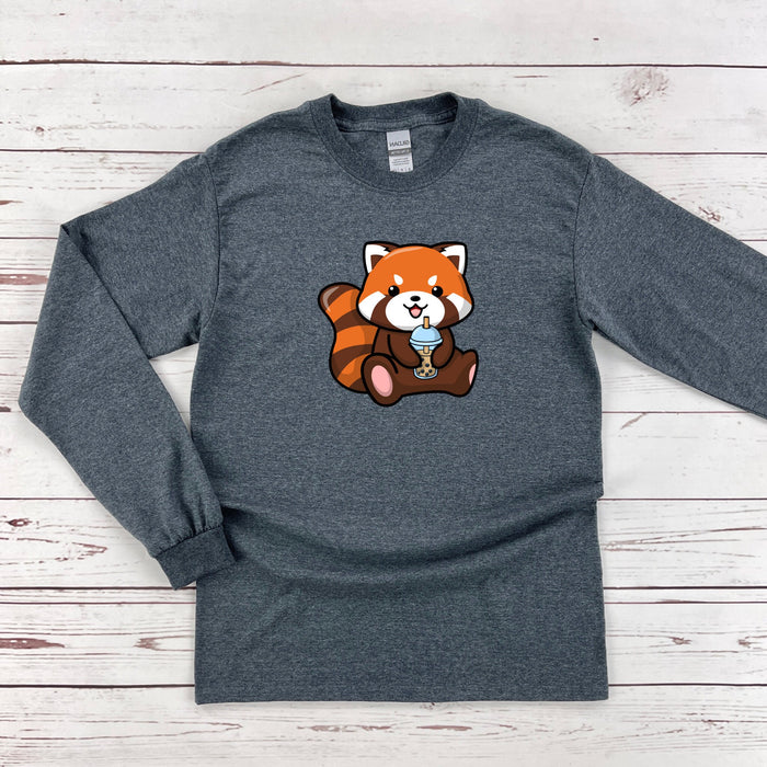 a gray shirt with a red panda bear on it