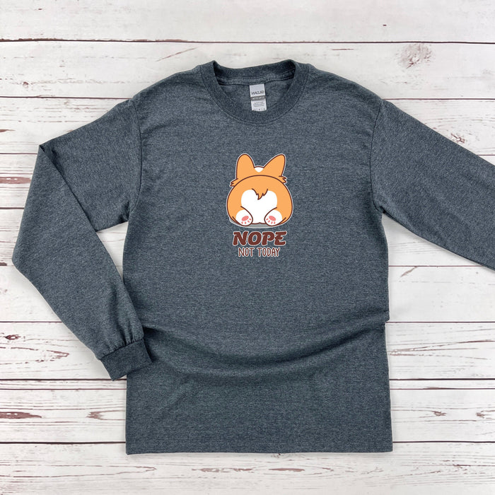 a gray long sleeve shirt with a cartoon fox on it