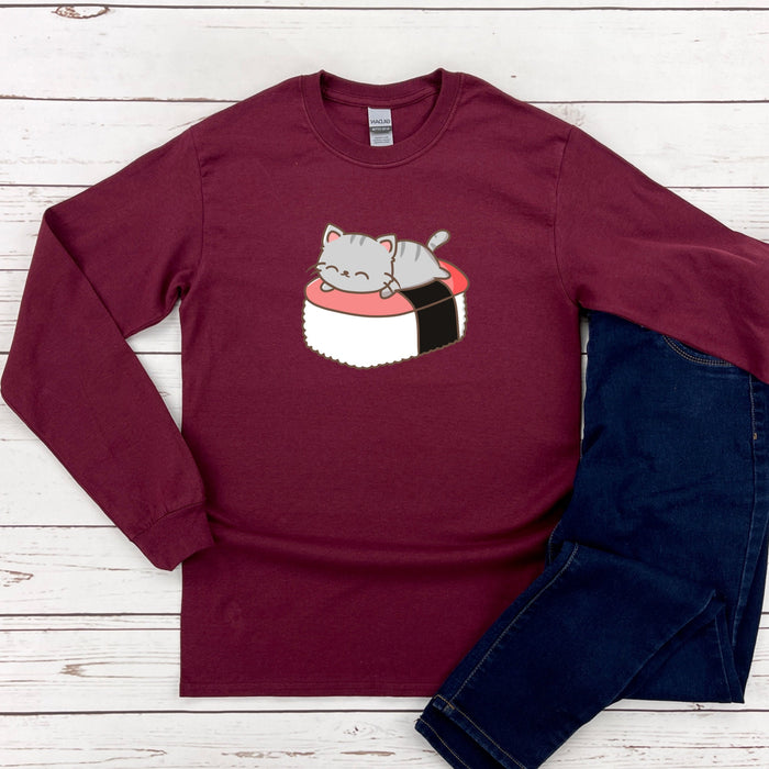 a red shirt with a sushi cat on it