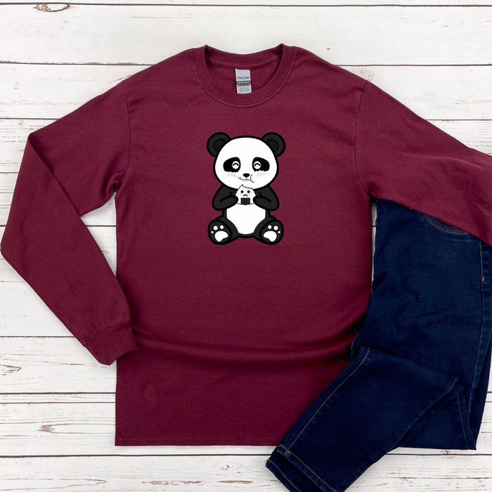 a red shirt with a panda bear on it