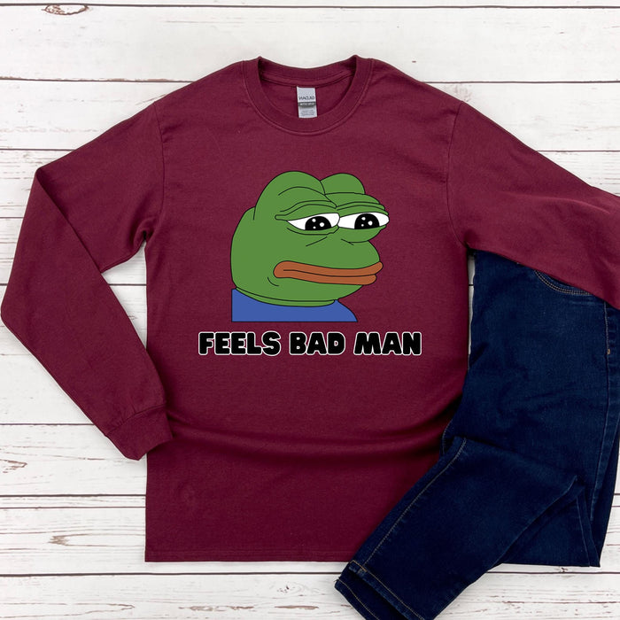 a red shirt with the words feels bad man on it