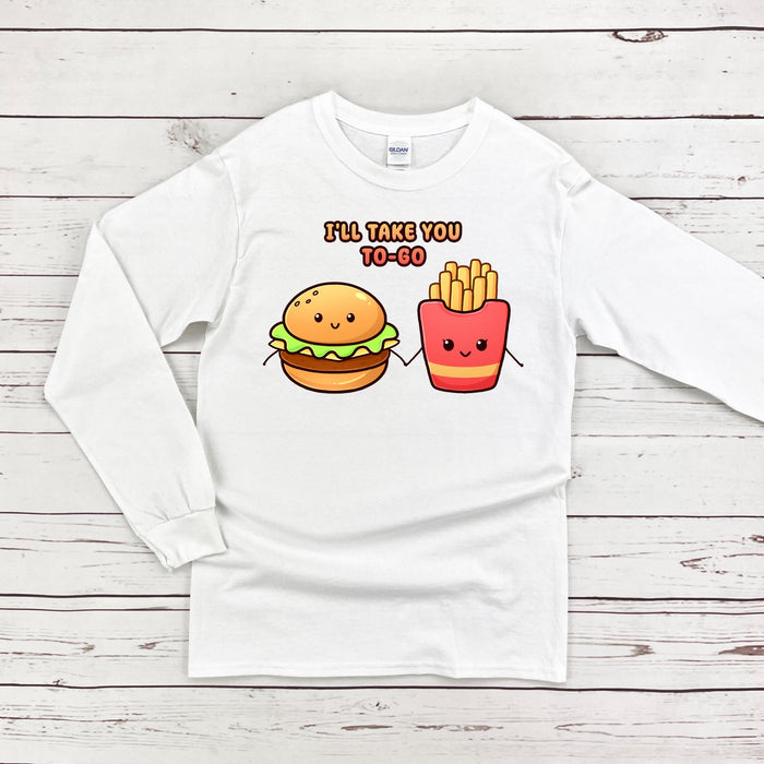 a white shirt with a hamburger and fries on it