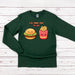 a green shirt with a hamburger and fries on it