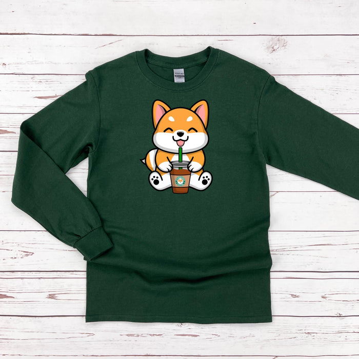 a green shirt with a cartoon fox holding a cup of coffee