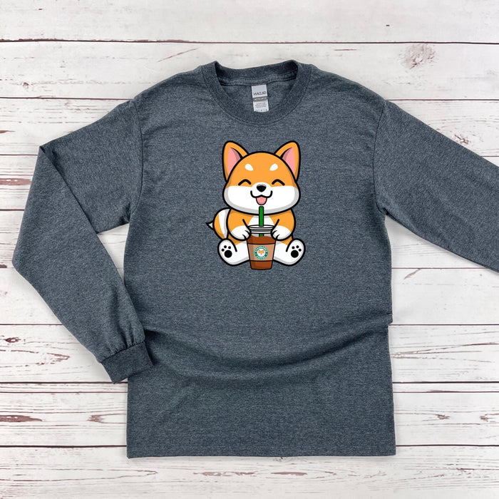 a gray long sleeve shirt with a cartoon fox on it