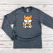 a gray long sleeve shirt with a cartoon fox on it