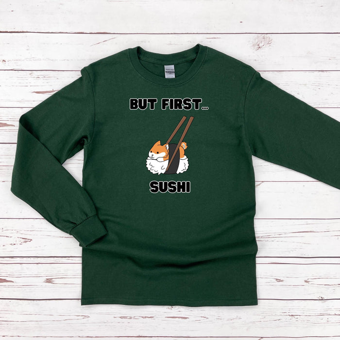 a green tshirt with a picture of a sushi on it