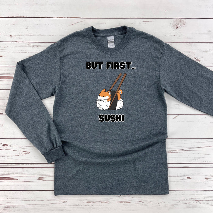 a gray shirt with a picture of a cat holding a baseball bat
