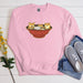 a pink sweatshirt with three cats in a bowl
