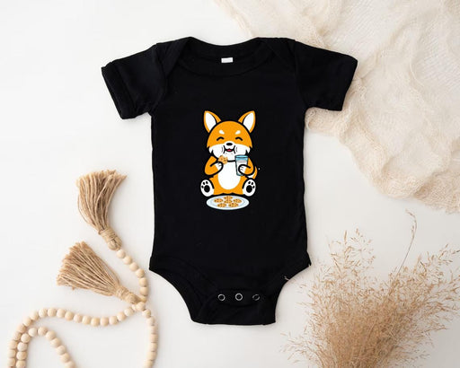 a baby bodysuit with a picture of a corgi eating a bowl of