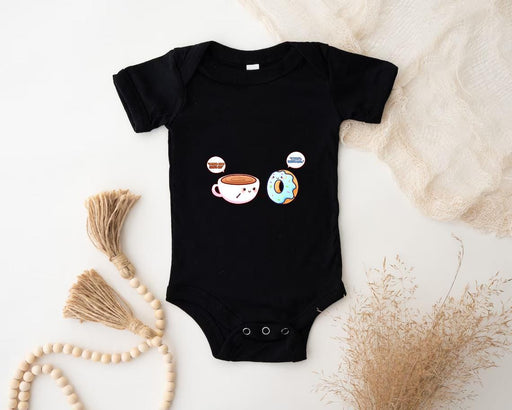 a baby bodysuit with a picture of coffee and donuts on it