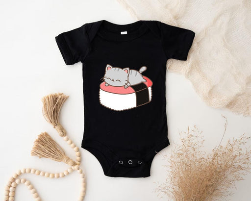 a baby bodysuit with a sushi cat on it