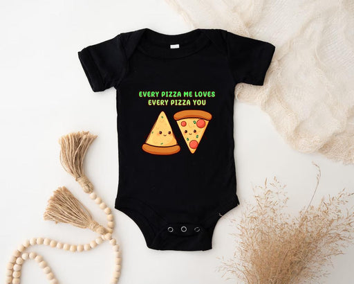 a baby bodysuit with a pizza and a slice of pizza on it