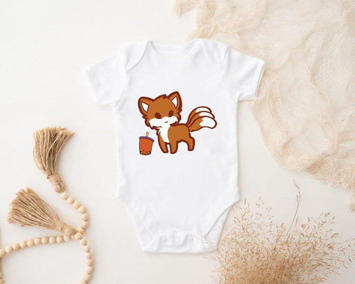 a baby bodysuit with a picture of a fox on it