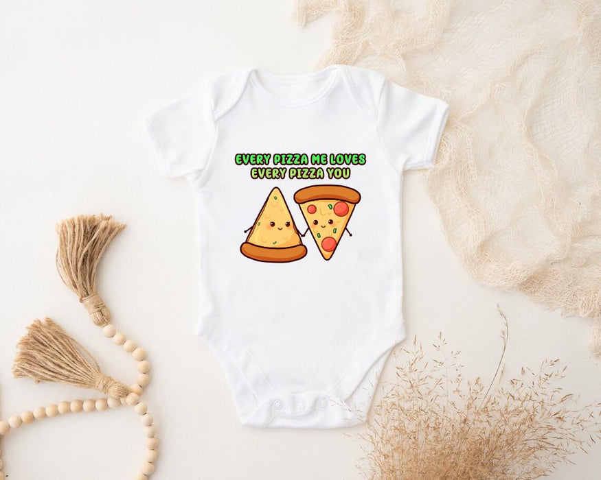 a baby bodysuit with a slice of pizza on it
