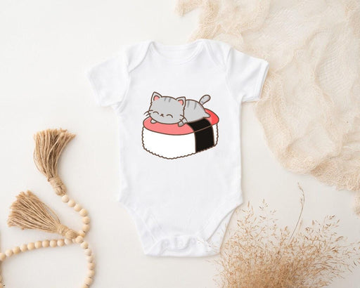 a baby bodysuit with a cat on a sushi roll