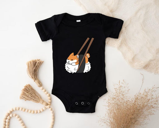 a baby bodysuit with a picture of a cat holding chopsticks