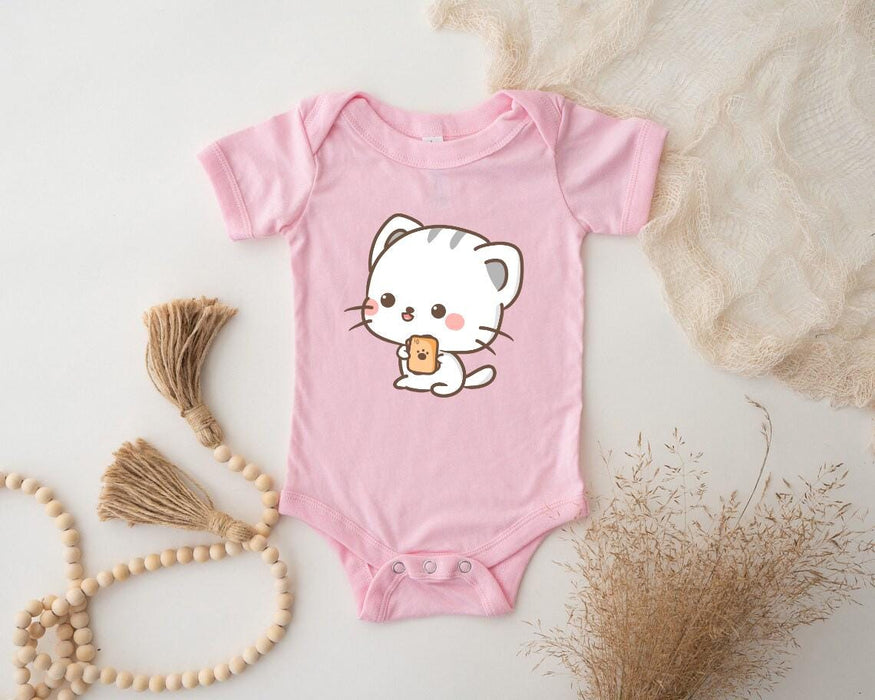 a baby bodysuit with a cat holding a cup of coffee