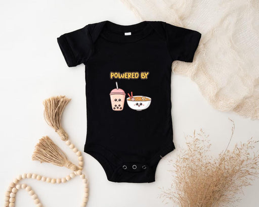 a baby bodysuit that says powered by with two cups of coffee