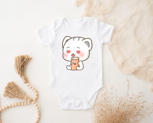 a baby bodysuit with a bear holding a cup of coffee