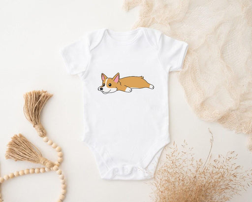a baby bodysuit with a picture of a dog on it