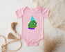 a baby bodysuit with a frog wearing a party hat