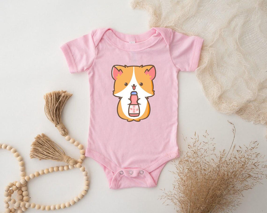 a pink baby bodysuit with a corgi on it