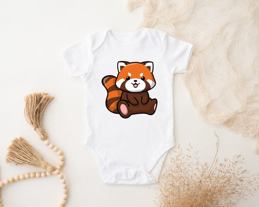 a baby bodysuit with a red panda bear on it