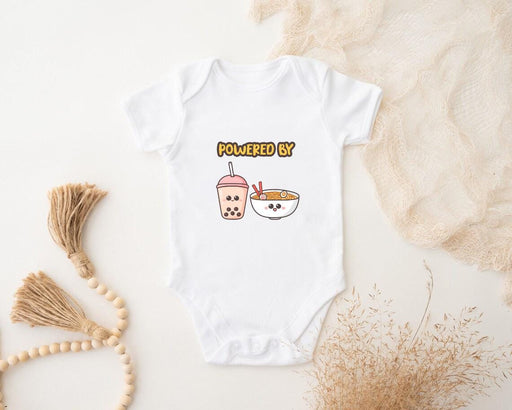 a baby bodysuit with a picture of a bowl of food and a cup of