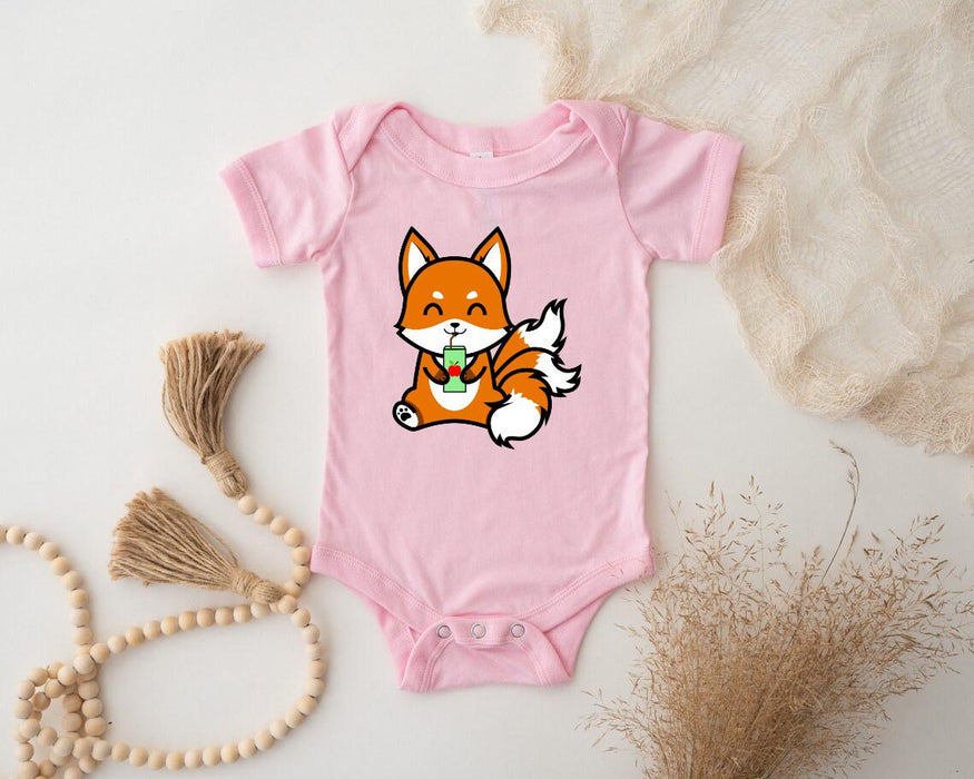 a baby bodysuit with a picture of a fox on it