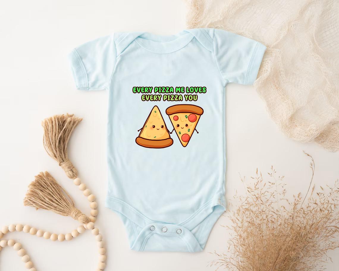 a baby bodysuit with a slice of pizza on it