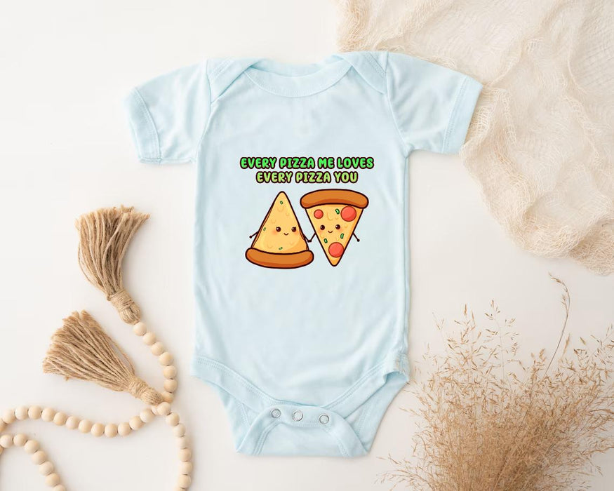 a baby bodysuit with a slice of pizza on it