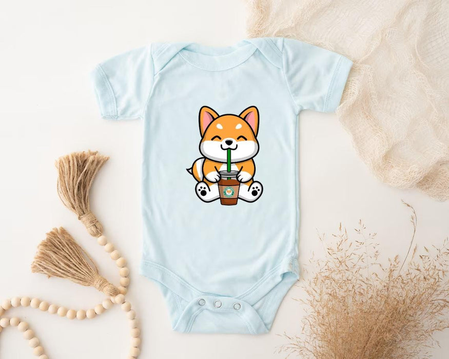 a baby bodysuit with a picture of a fox holding a drink