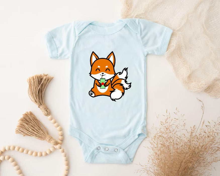 a baby bodysuit with a picture of a fox on it