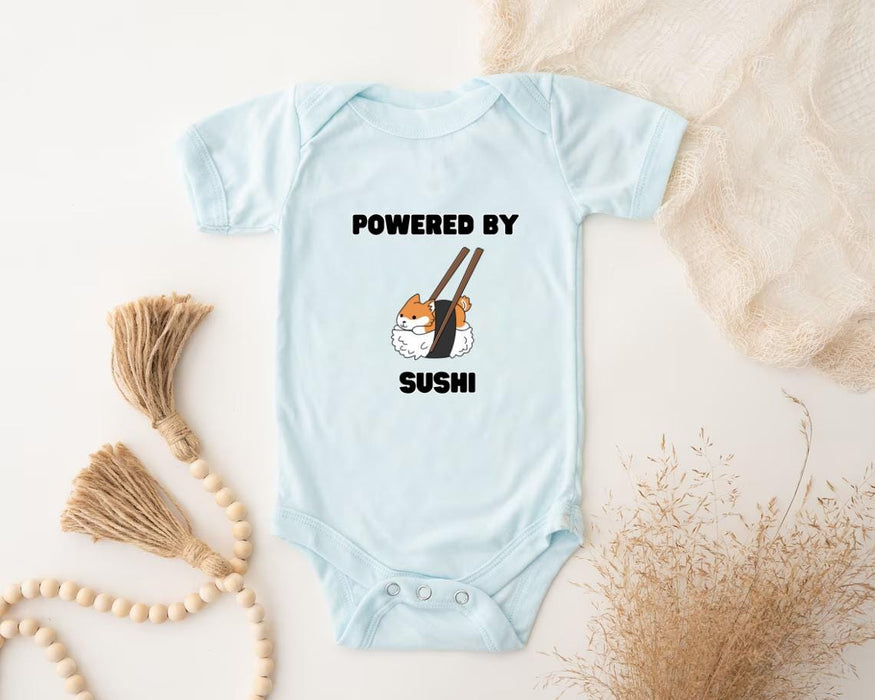 a baby bodysuit that says powered by sushi