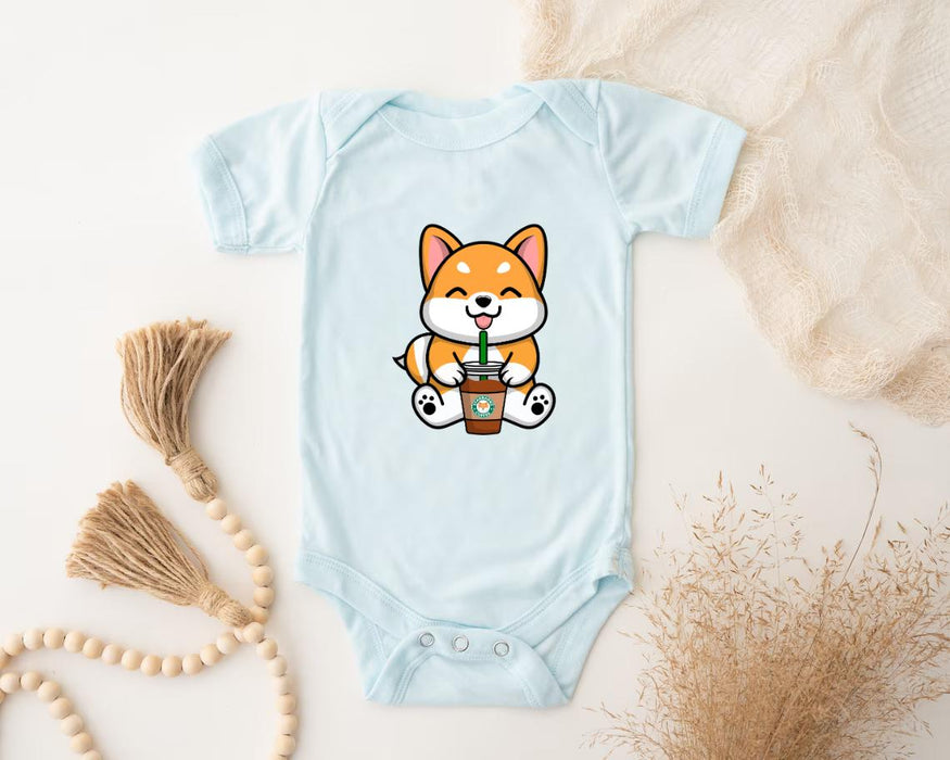 a baby bodysuit with a picture of a dog holding a cup of coffee