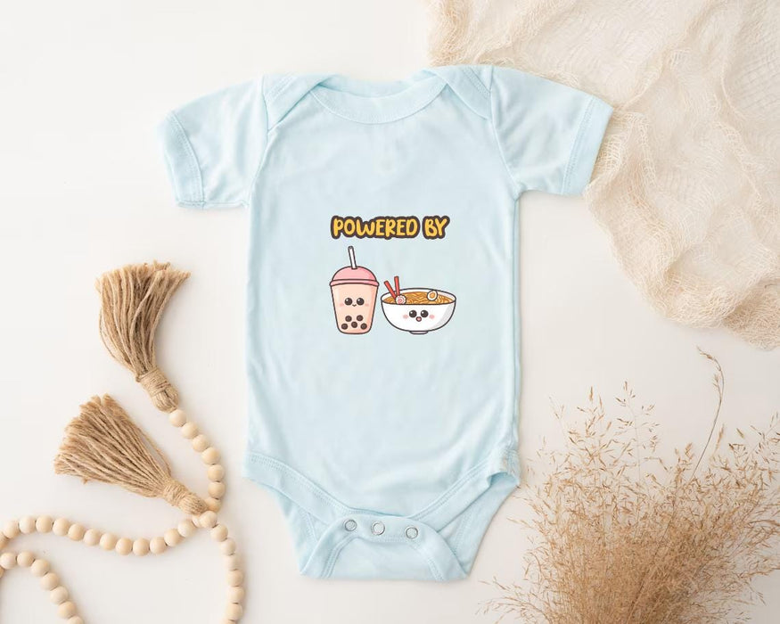 a baby bodysuit with a picture of a bowl of food and a cup of