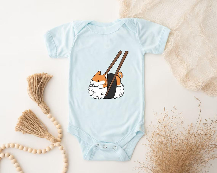 a baby bodysuit with a picture of a cat holding chopsticks