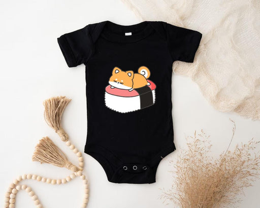 a black bodysuit with two sushi characters on it