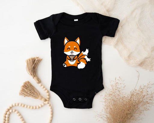 a baby bodysuit with a picture of a fox on it