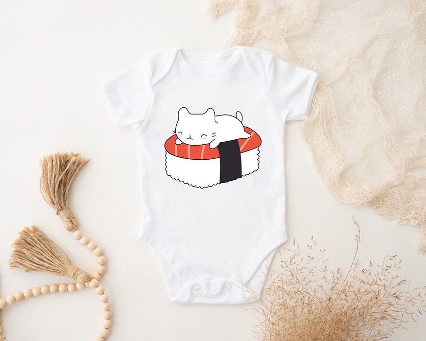 a white bodysuit with a sushi cat on it