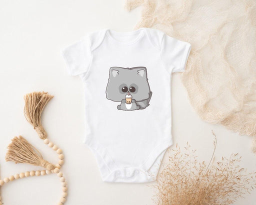 a baby bodysuit with a koala holding a cup of coffee