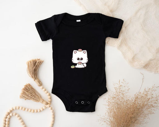 a black bodysuit with a white cat on it