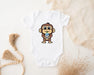 a baby bodysuit with a cartoon monkey on it