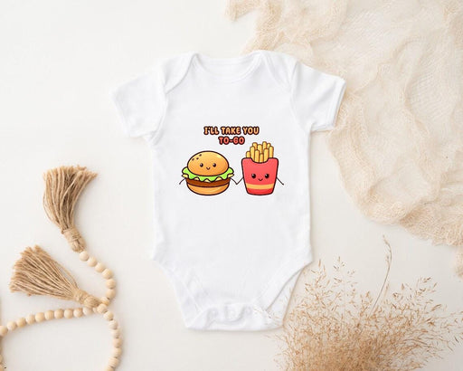 a baby bodysuit with a hamburger and fries on it