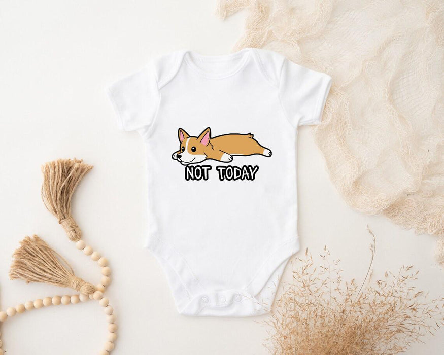 a white bodysuit with a cartoon corgi on it