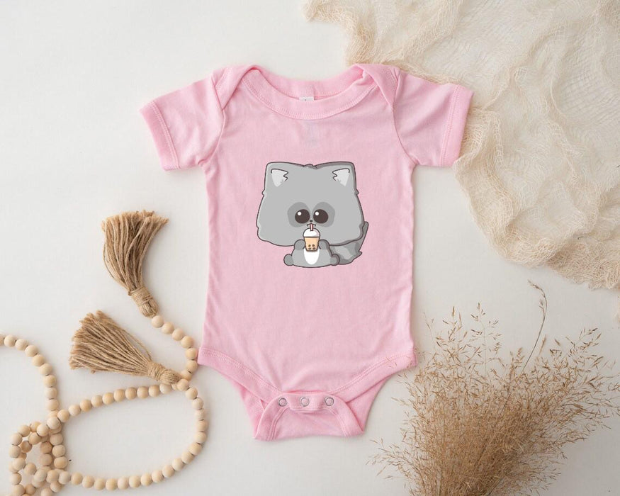 a baby bodysuit with a koala holding a cup of coffee