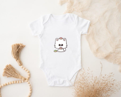 a white bodysuit with a picture of a cat on it