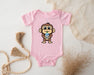 a pink baby bodysuit with a cartoon monkey on it