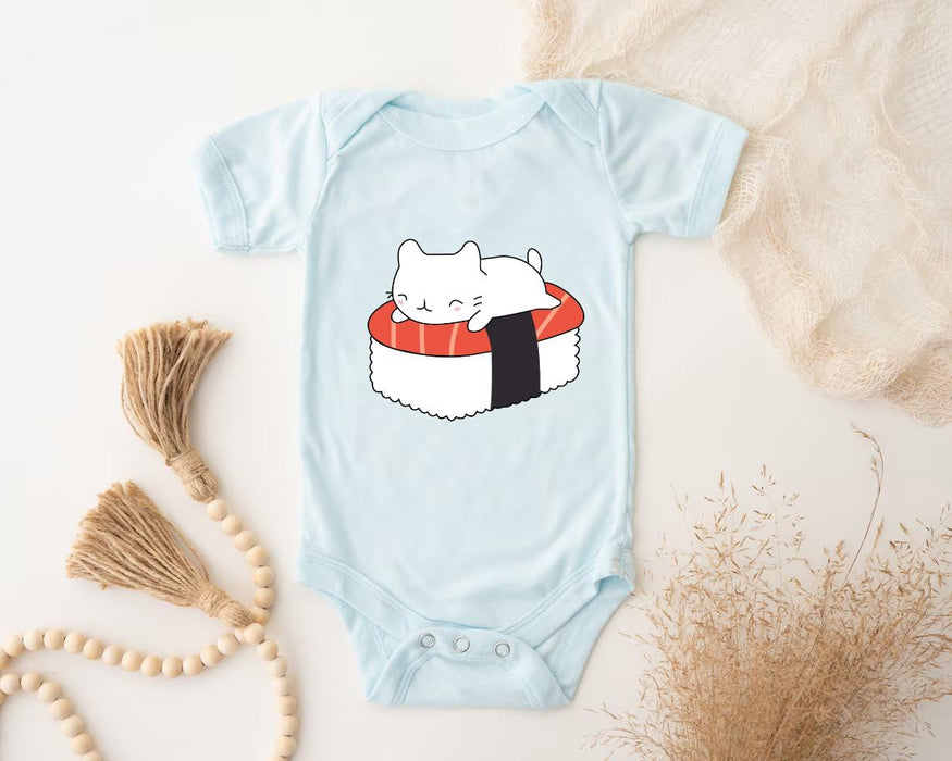 a baby bodysuit with a sushi cat on it
